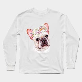 Cute White French Bulldog with Hair Wreath Illustration Art Long Sleeve T-Shirt